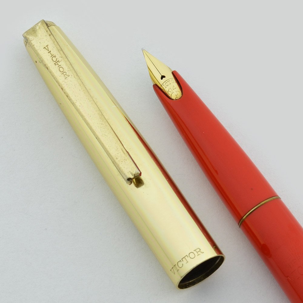 Victor (Japan) Fountain Pen - Squeeze Filler, Red w Gold Cap